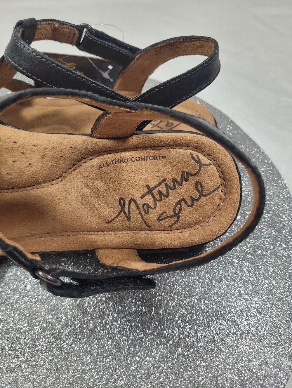 Natural Soul Barton Black Leather Slingback Sandals Laser Cut 9M New - Picture 9 of 12